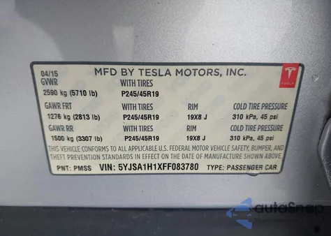 2015 Tesla Model S 60/70/85 из США, поврежденный, VIN 5YJSA1H1XFF083780